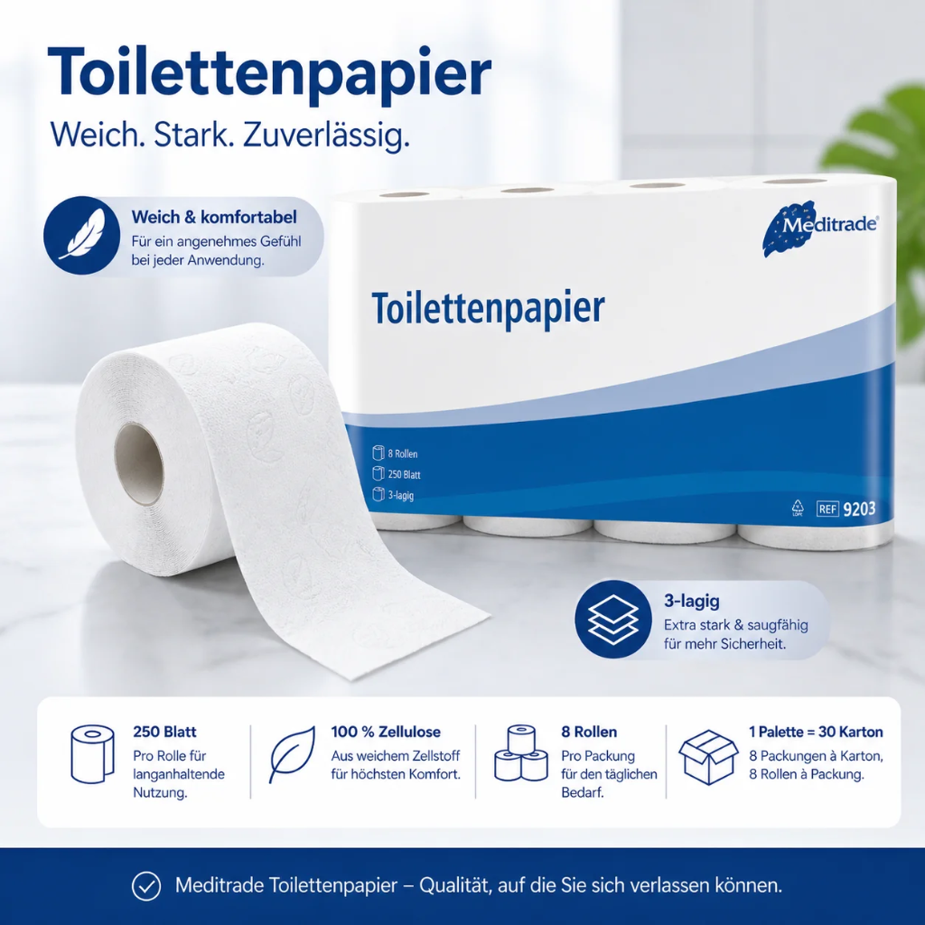 Meditrade Toilettenpapier 3-lagig – 250 Blatt | 8 Rollen | Extra weich & saugstark