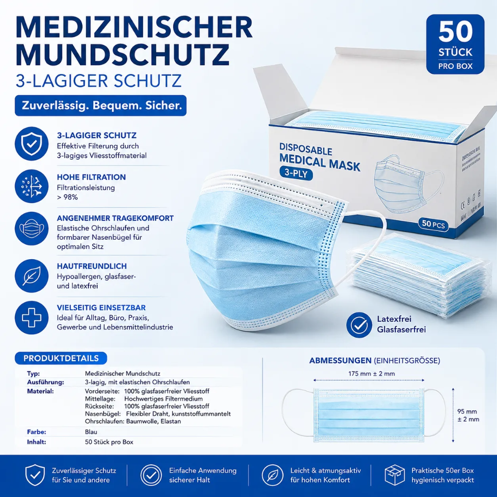 3-lagiger Medizinischer Mundschutz – Einweg OP-Masken Blau | 50 Stück