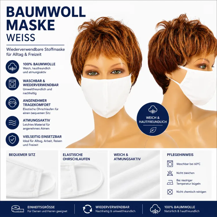 Wiederverwendbare Baumwollmaske Weiss – Waschbare Stoffmaske mit Ohrschlaufen