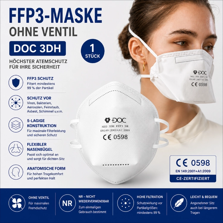 FFP3-Maske ohne Ventil DOC 3DH – Atemschutzmaske Weiss | CE 0598 | 1 Stück